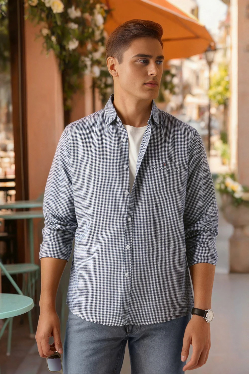 Men Black Slim Fit Check Full Sleeves Casual Shirt-Black