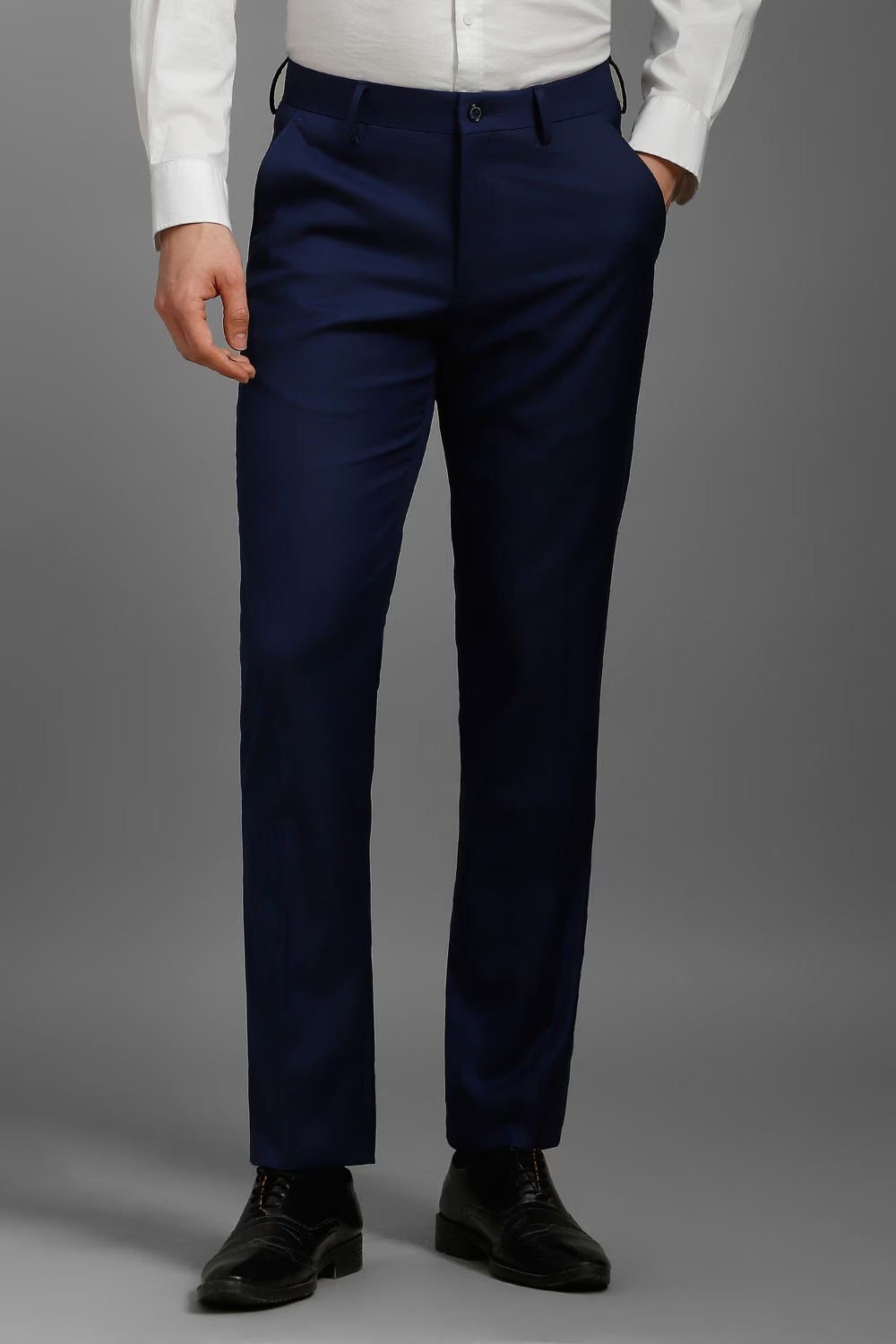 Men Navy Textured Flat Front Formal Trousers-Navy