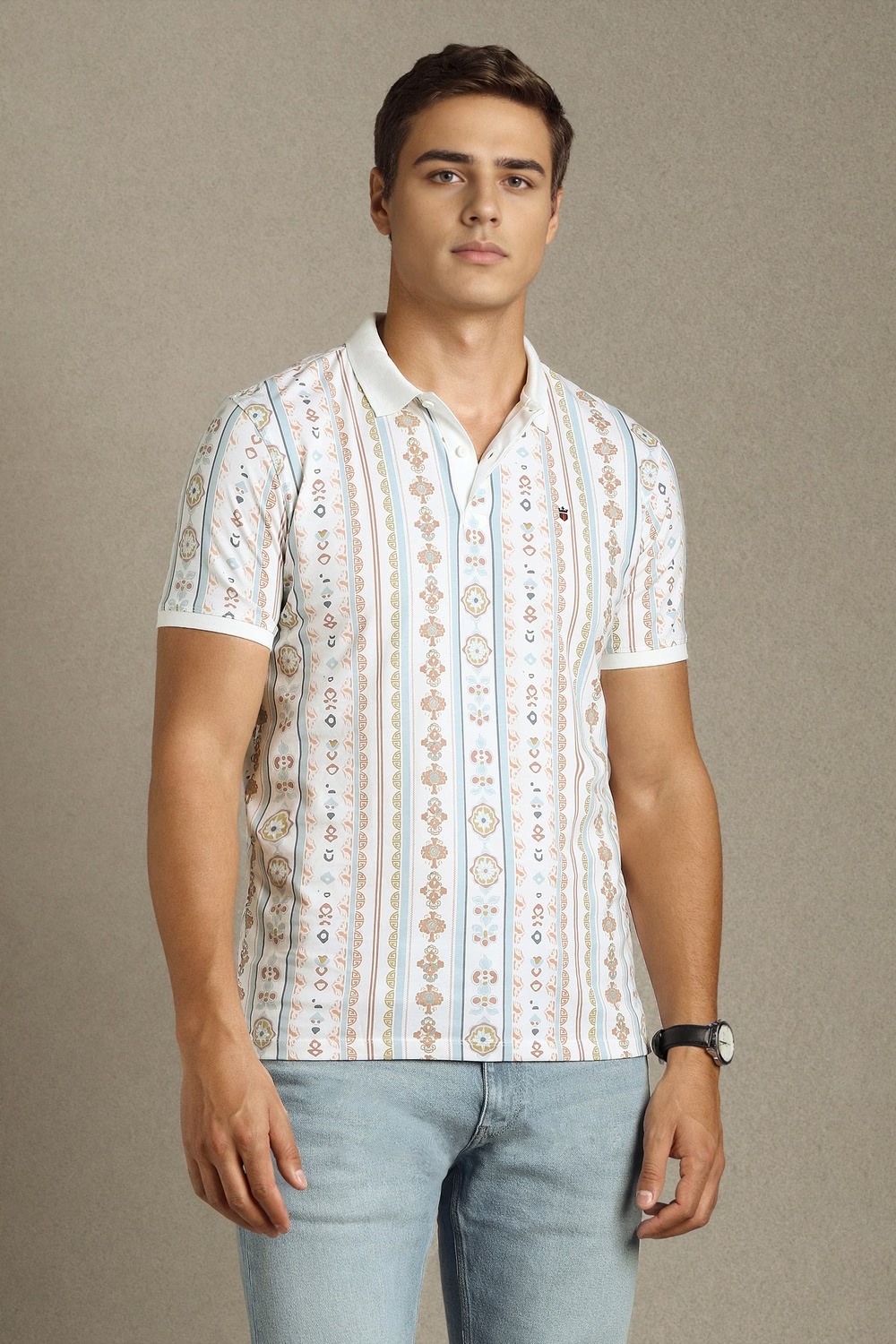 Men White Print Polo Neck T-shirt-White