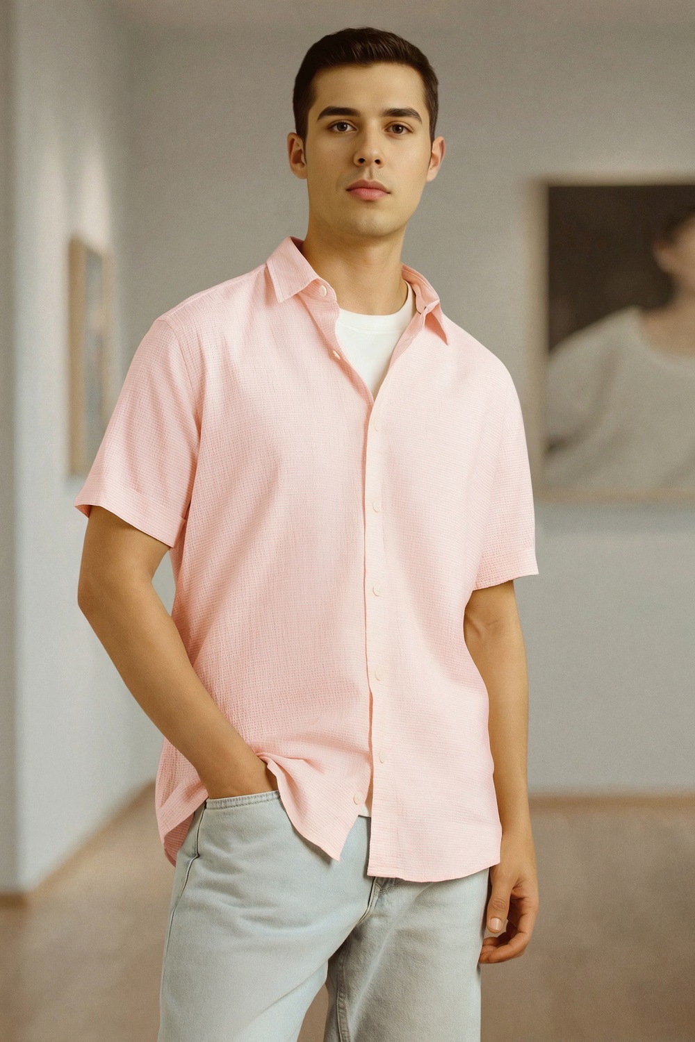 Men Pink Textured Half Sleeves Casual Shirt-Pink