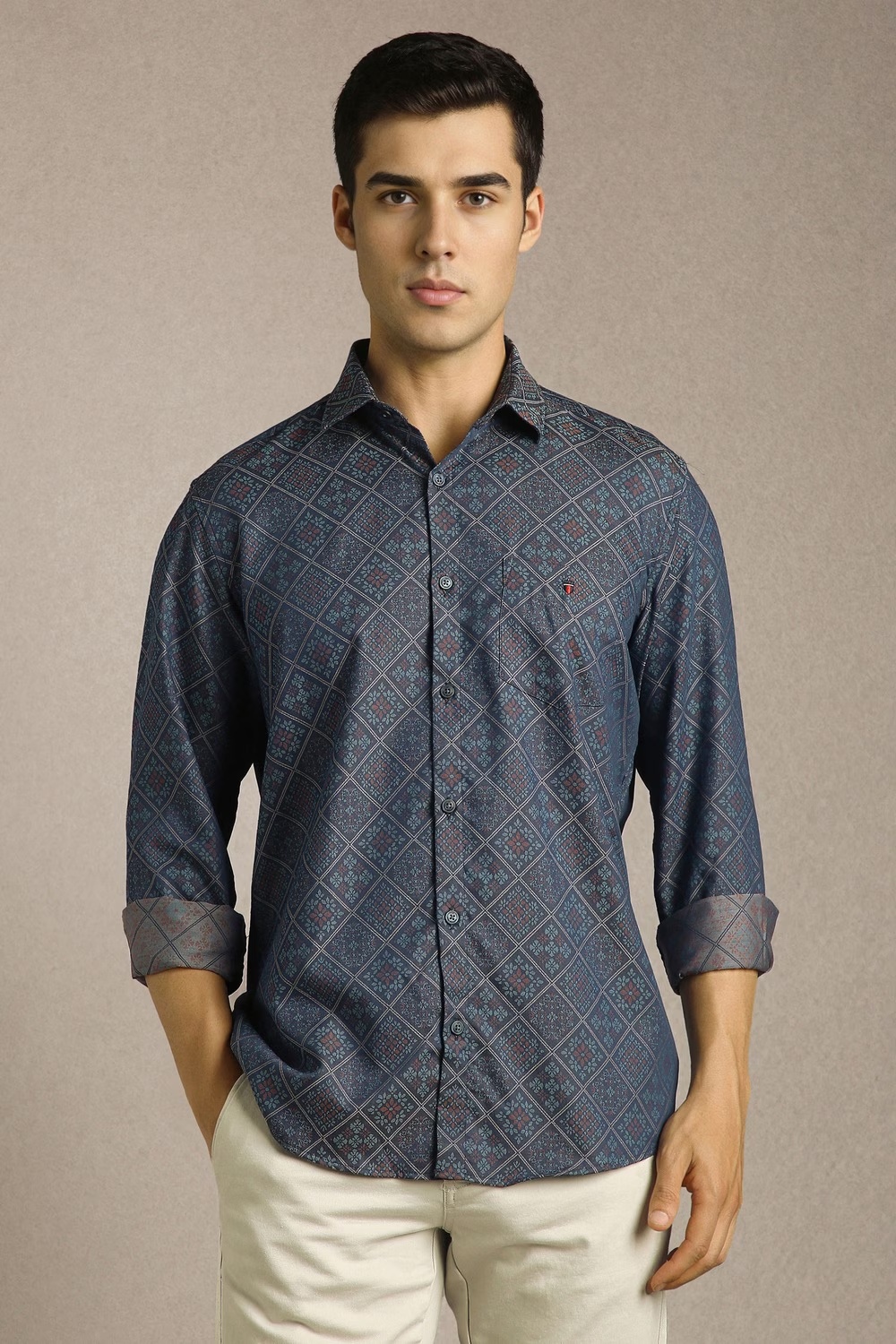 Men Navy Print Full Sleeves Casual Shirt-Navy