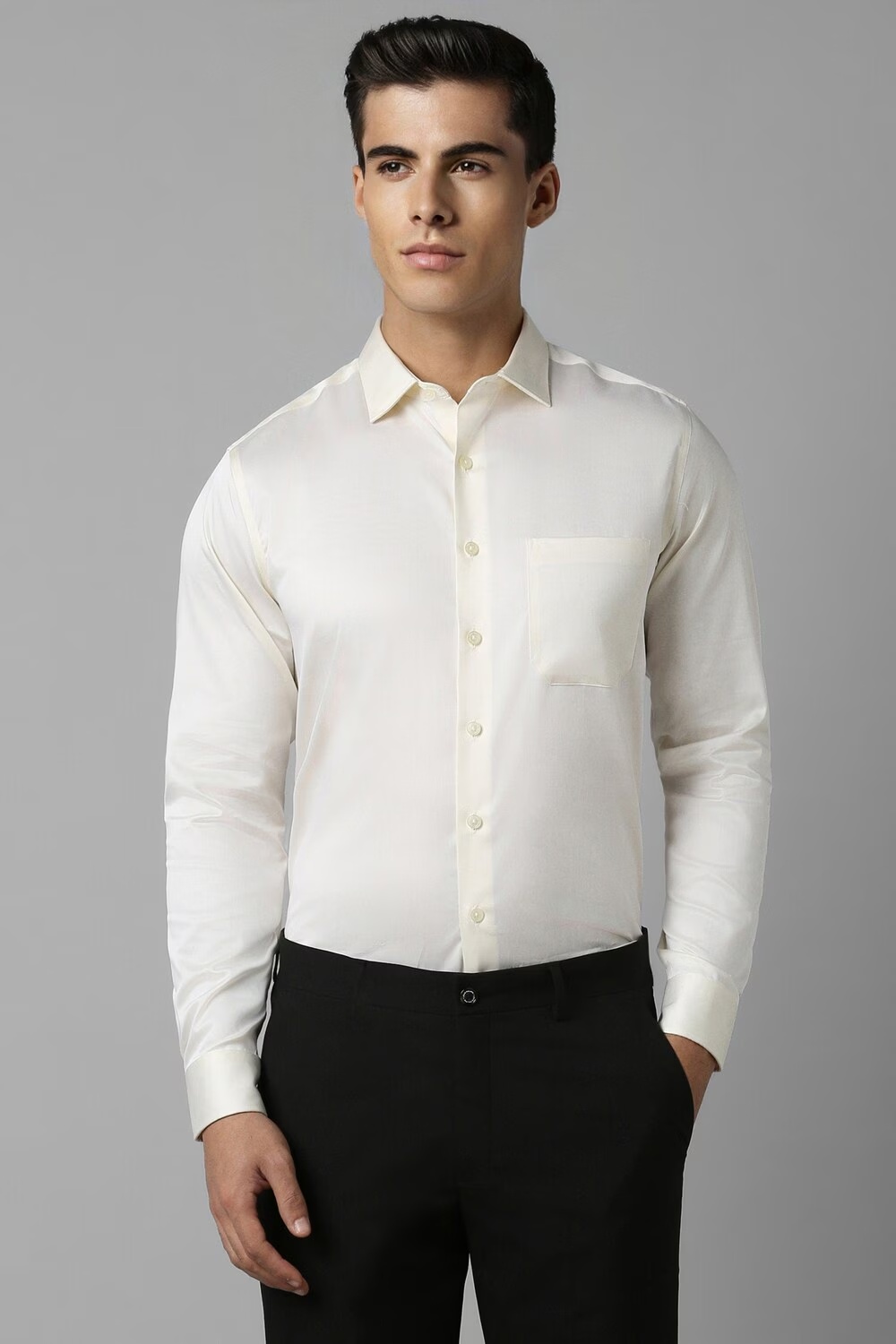 Men Cream Slim Fit Solid Full Sleeves Formal Shirt-Cream