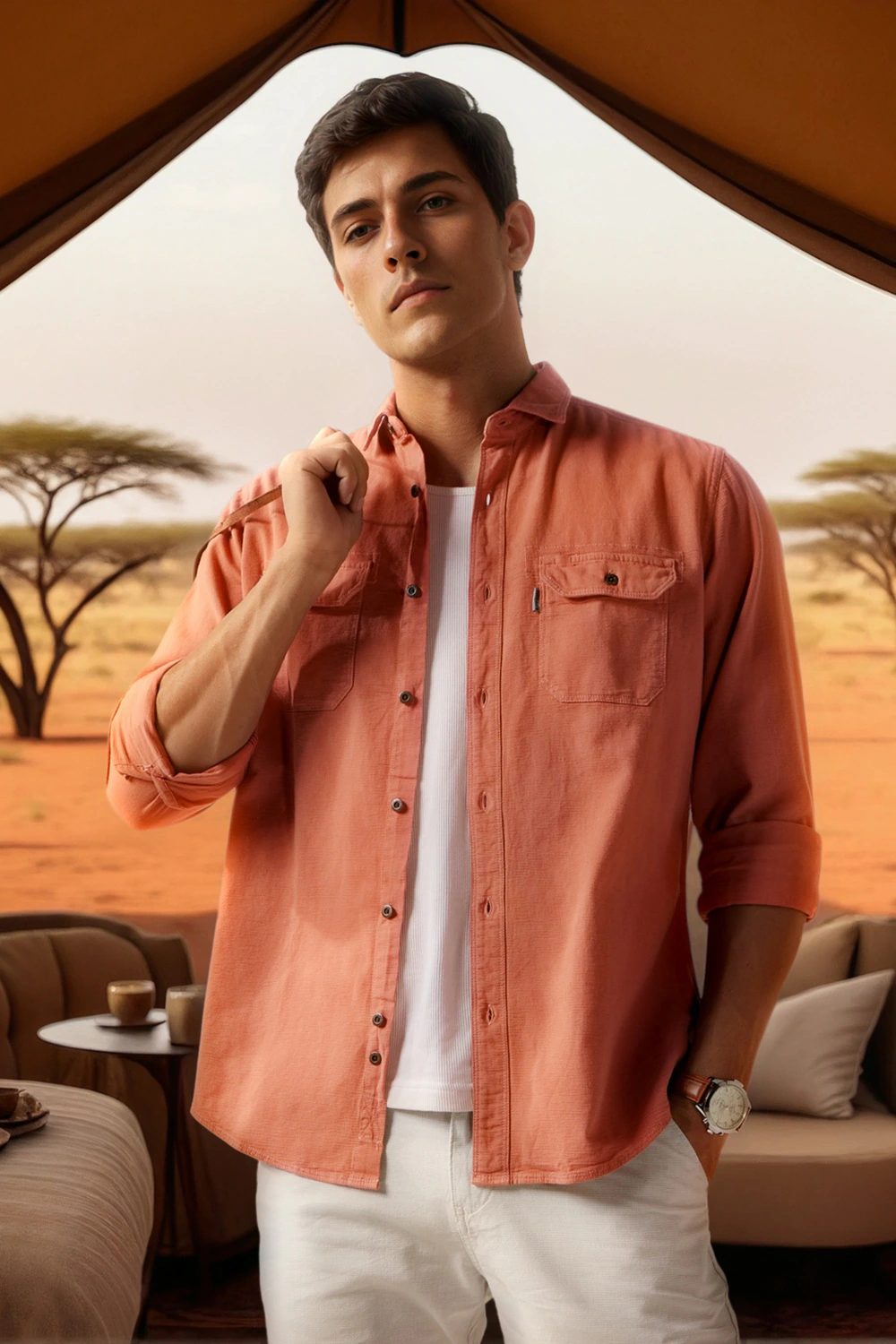 Men Orange Slim Fit Textured Full Sleeves Casual Shirt-Orange