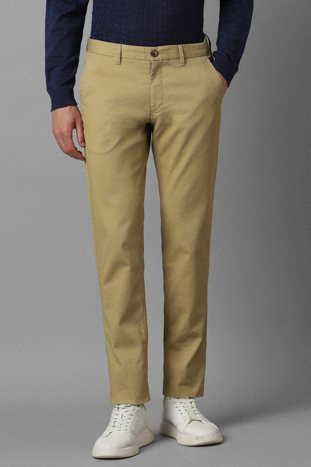 Men Khaki Slim Fit Textured Flat Front Casual Trousers-Khaki