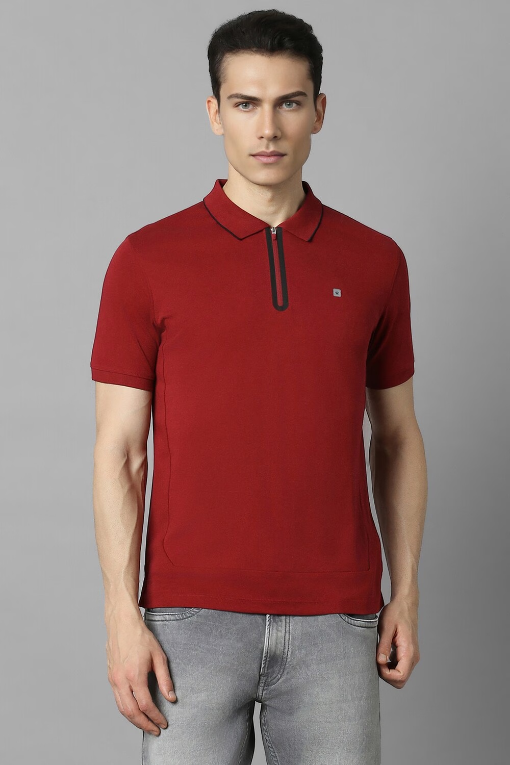 Men Red Solid Polo Neck T-shirt-Red