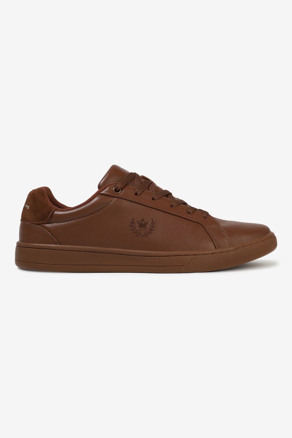 Men Brown Leather Sneakers with Crest Embroidery-Brown