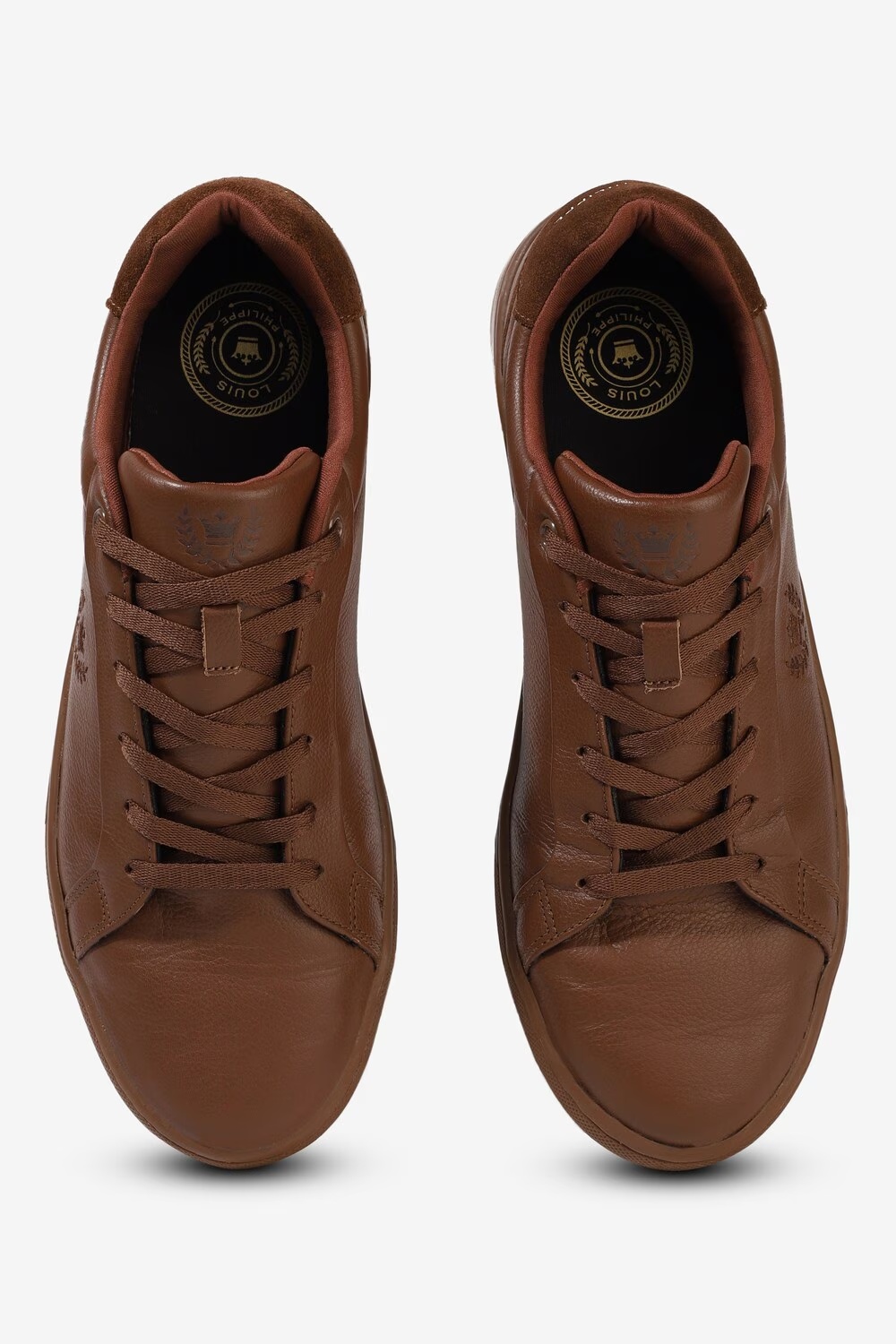 Men Brown Leather Sneakers with Crest Embroidery-Brown