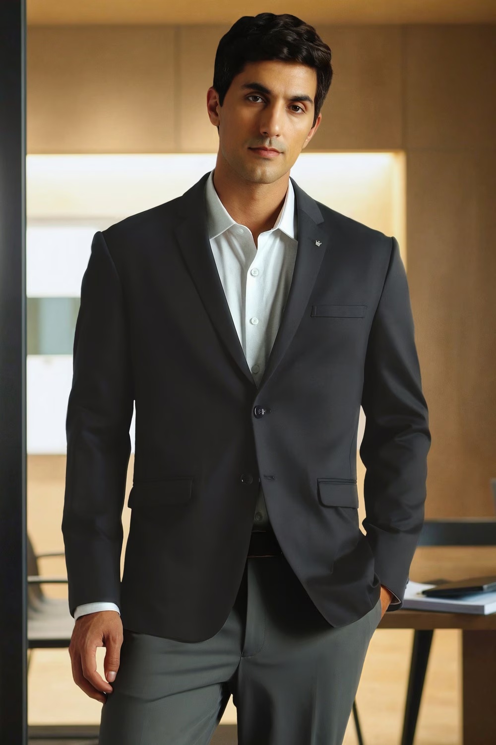 Men Black Slim Fit Solid Formal Blazer-Black