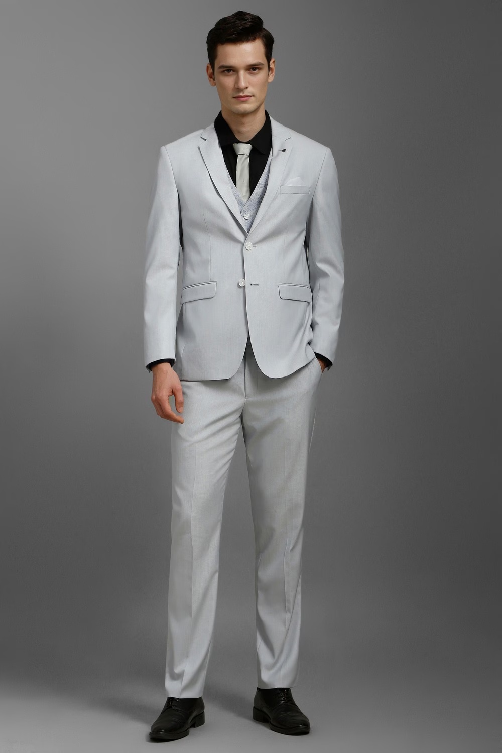 Men Grey Slim Fit Textured Formal Three Piece Suit-Grey