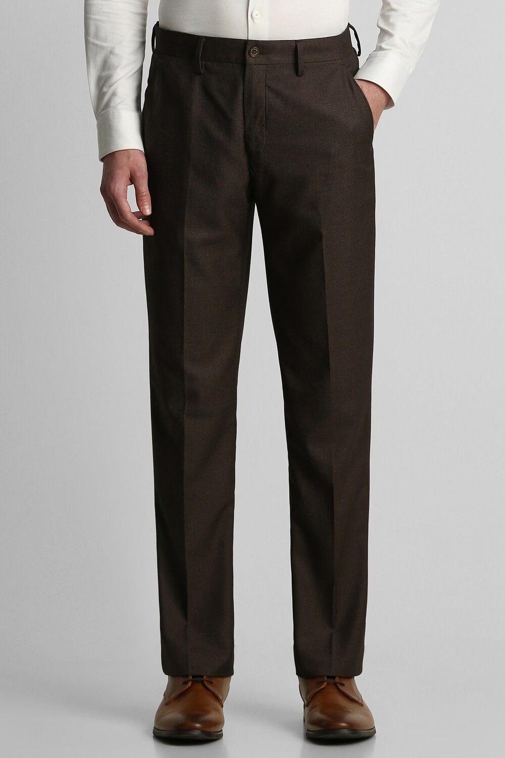 Men Brown Regular Fit Textured Flat Front Formal Trousers-Brown