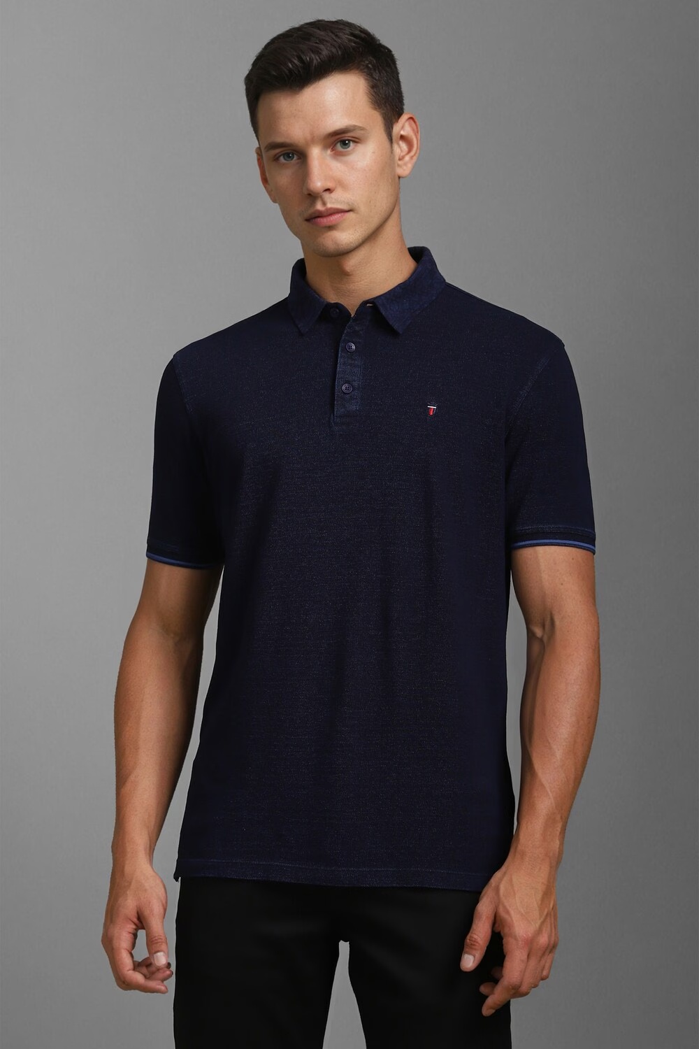 Men Navy Textured Polo Neck T-shirt-Navy