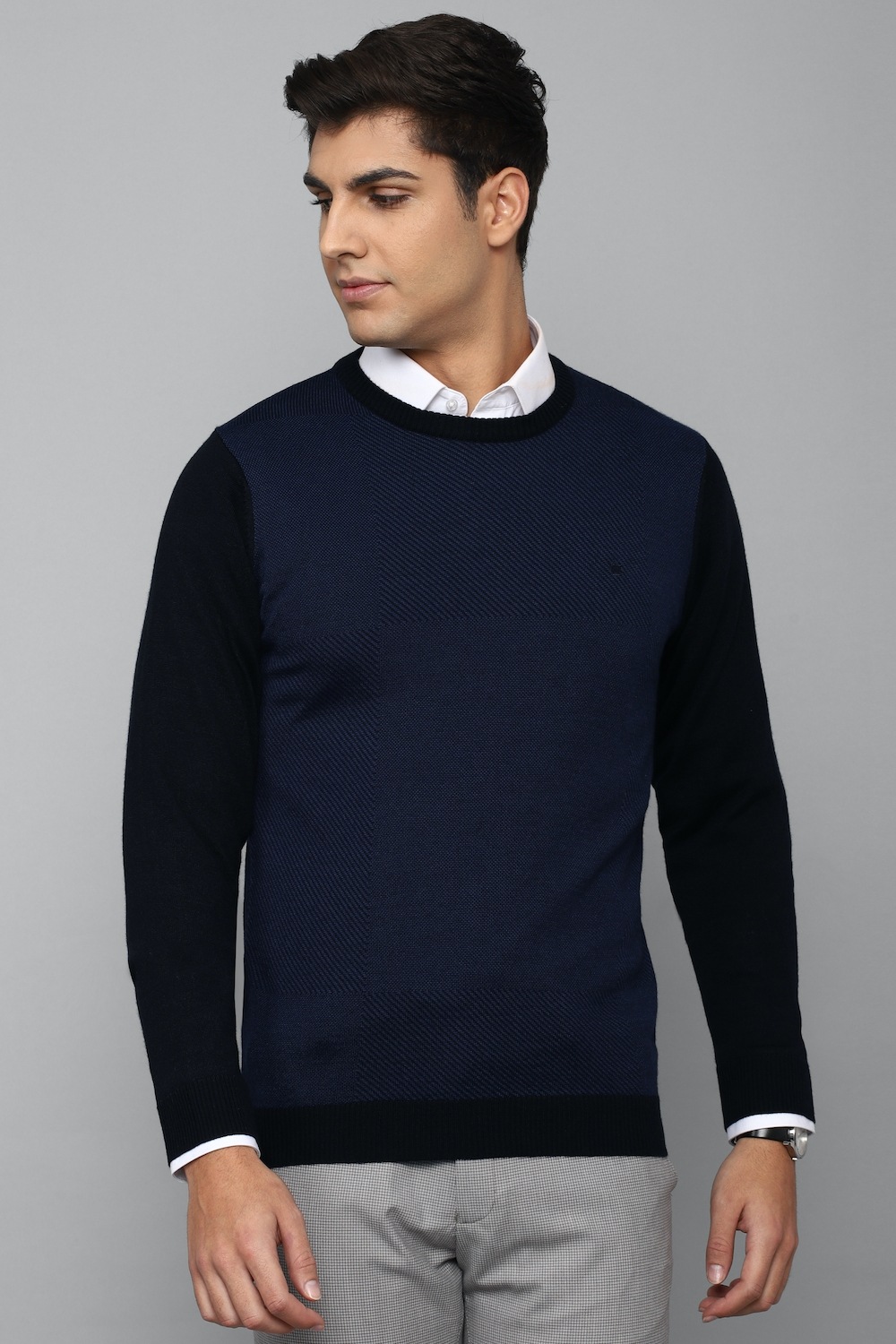 Men Navy Solid Crew Neck Full Sleeves Sweater-Navy