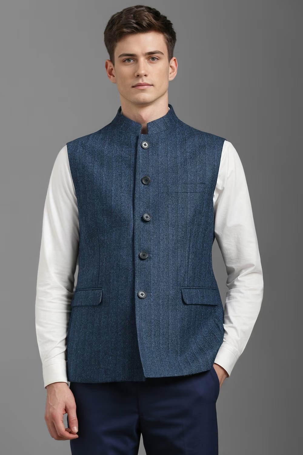 Men Blue Textured Slim Fit Casual Nehru Jacket-Blue
