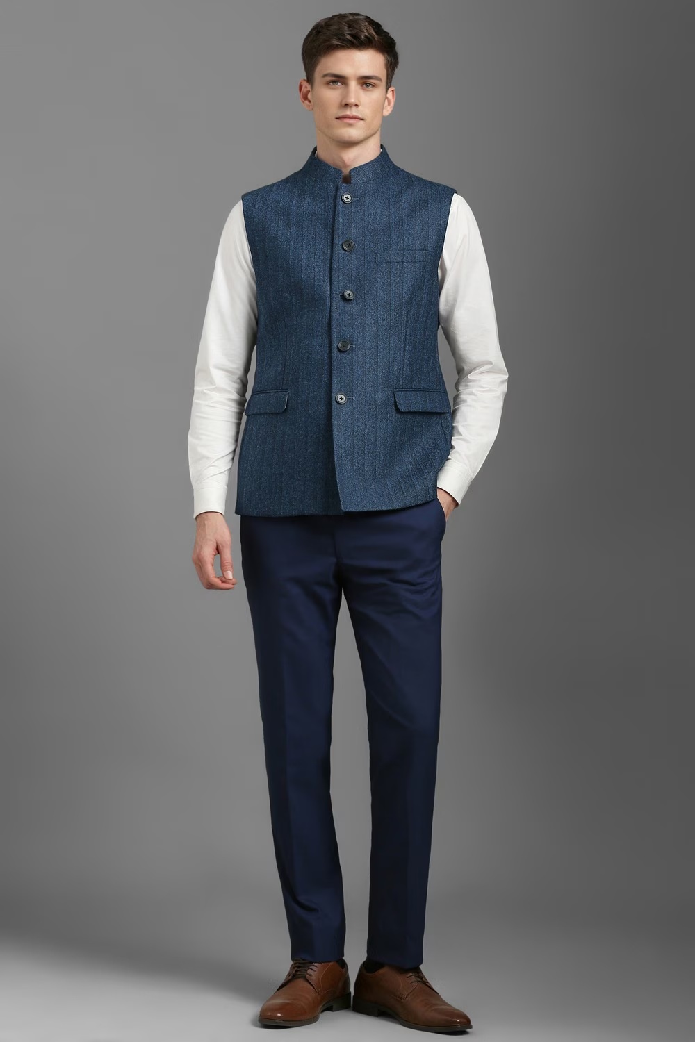 Men Blue Textured Slim Fit Casual Nehru Jacket-Blue