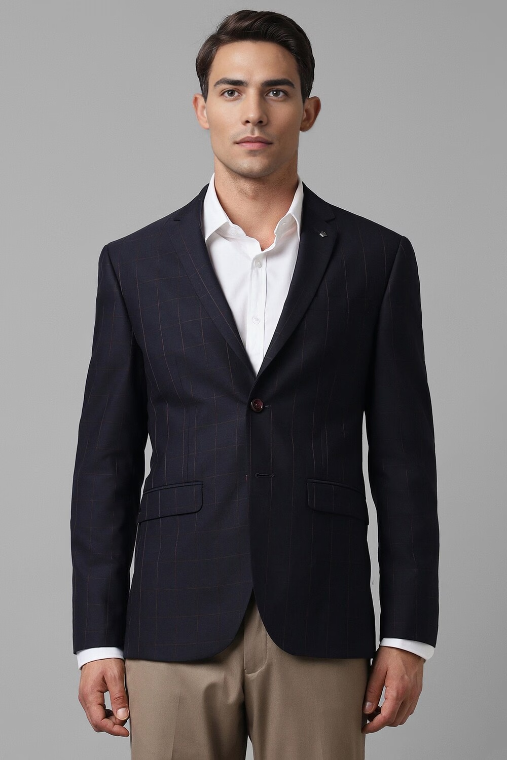 Men Navy Slim Fit Check Formal Blazer-Navy