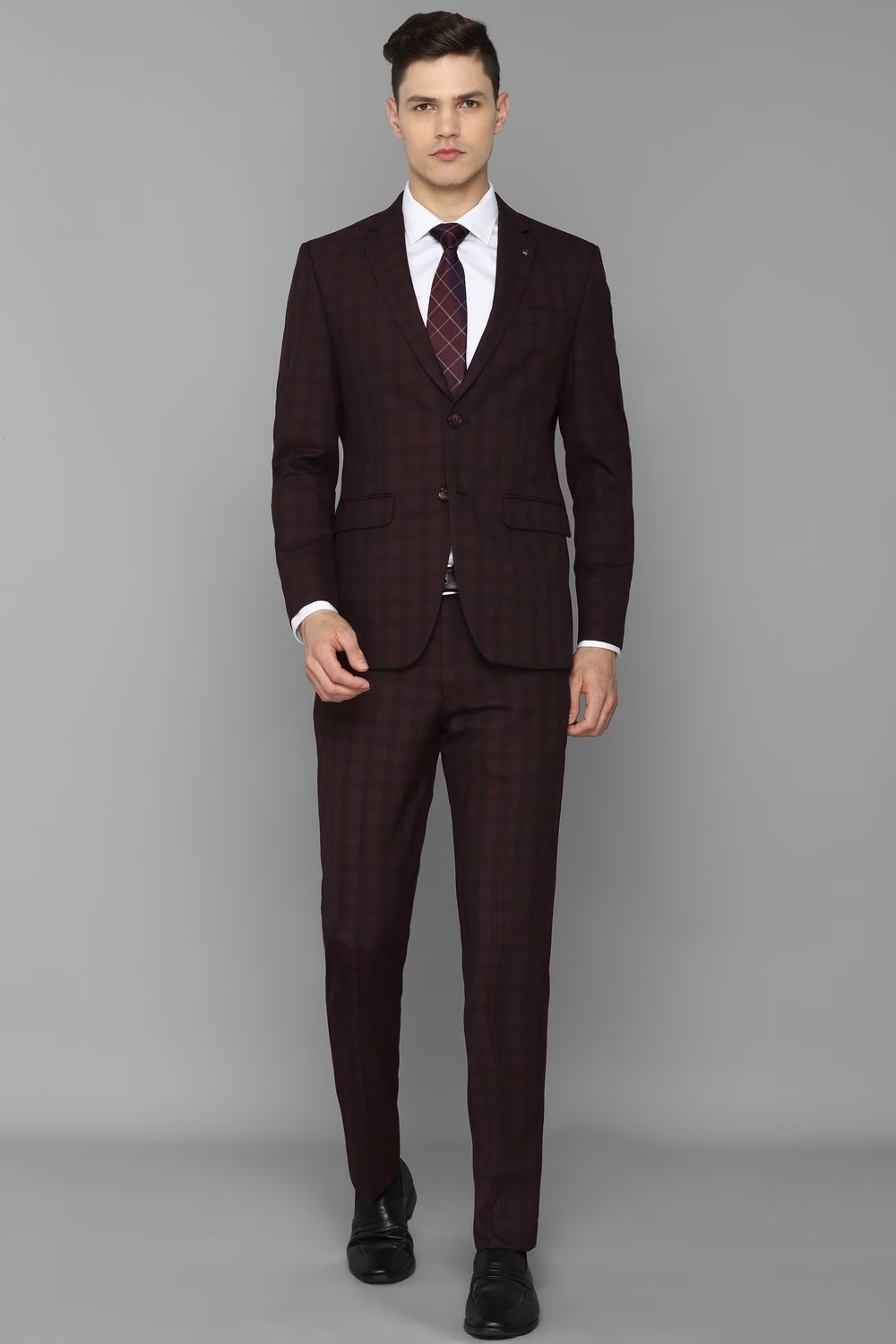 Men Maroon Slim Fit Check Formal Two Piece Suit-Maroon