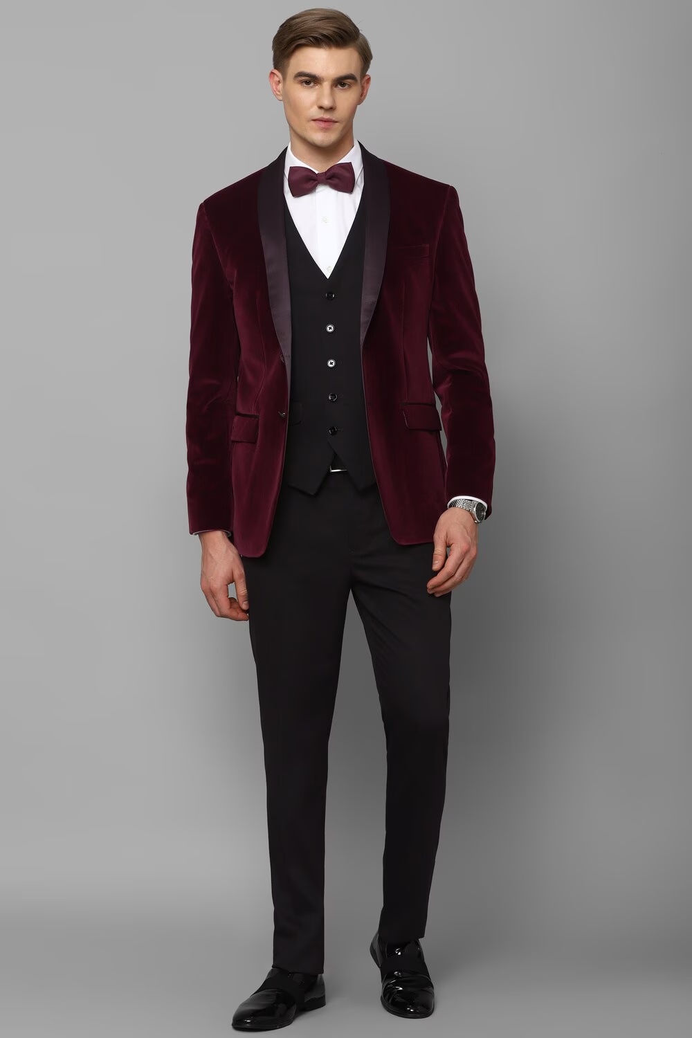 Men Maroon Slim Fit Solid Party Three Piece Suit-Maroon
