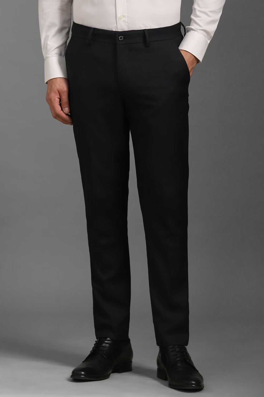 Men Black Slim Fit Solid Flat Front Formal Trousers-Black