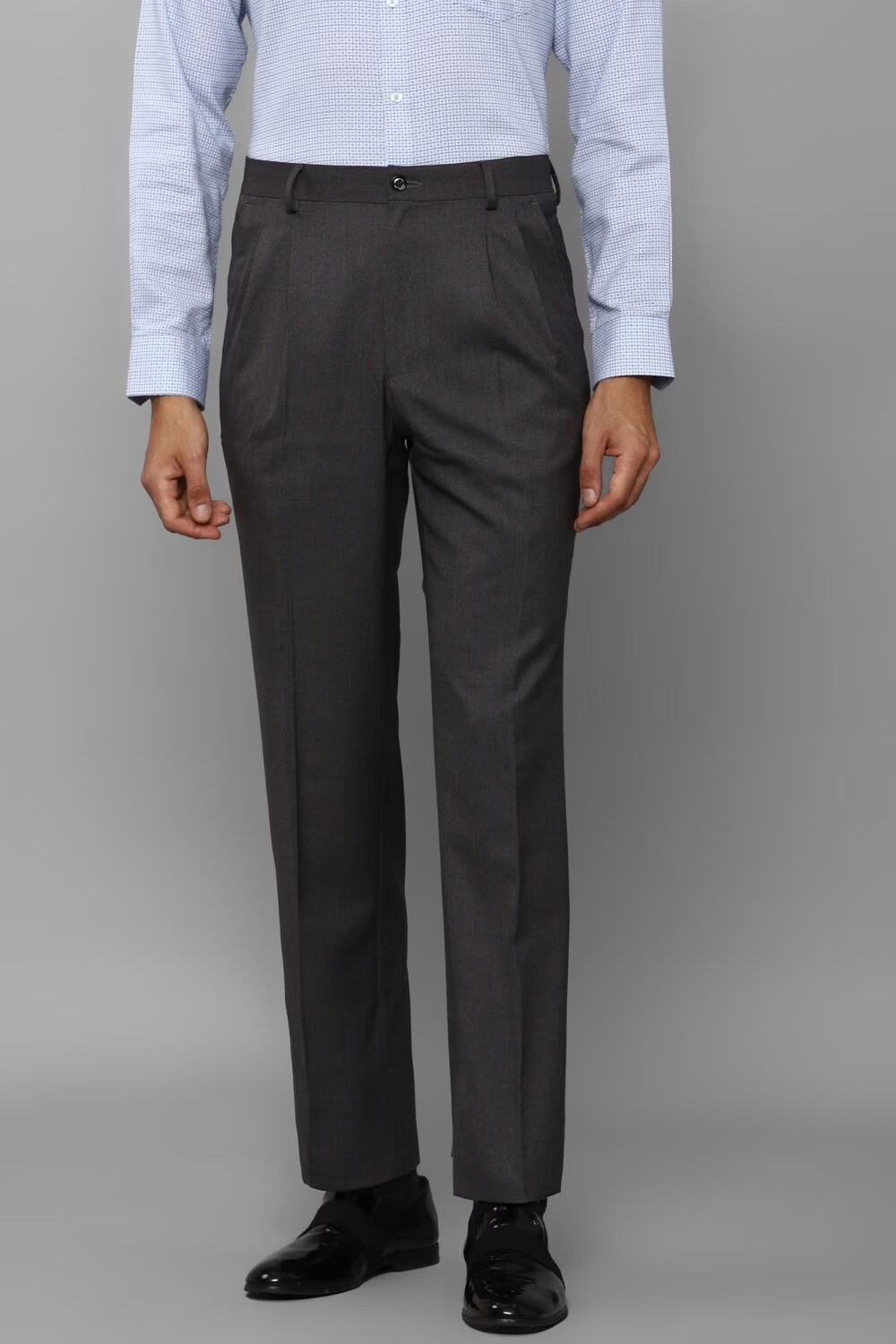 Men Grey Classic Fit Textured Pleated Formal Trousers-Grey