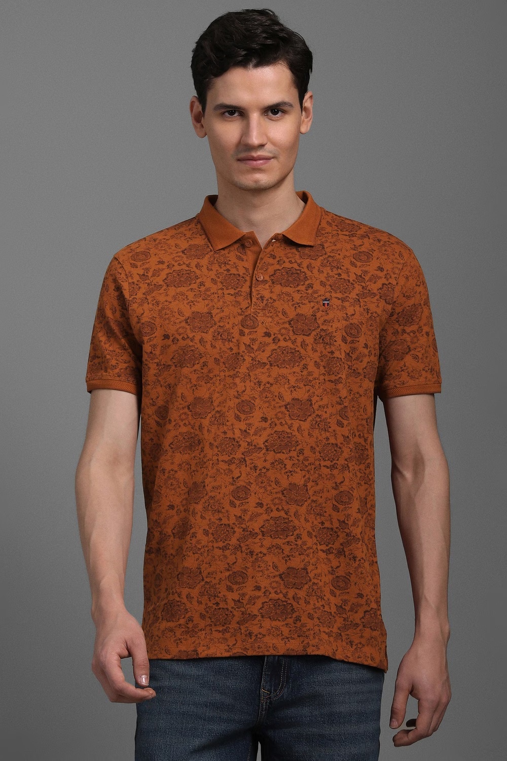 Men Brown Print Polo Neck T-shirt-Brown