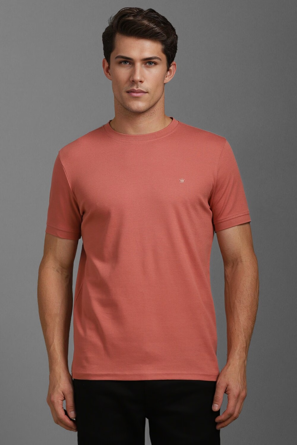 Men Peach Textured Crew Neck T-shirt-Peach
