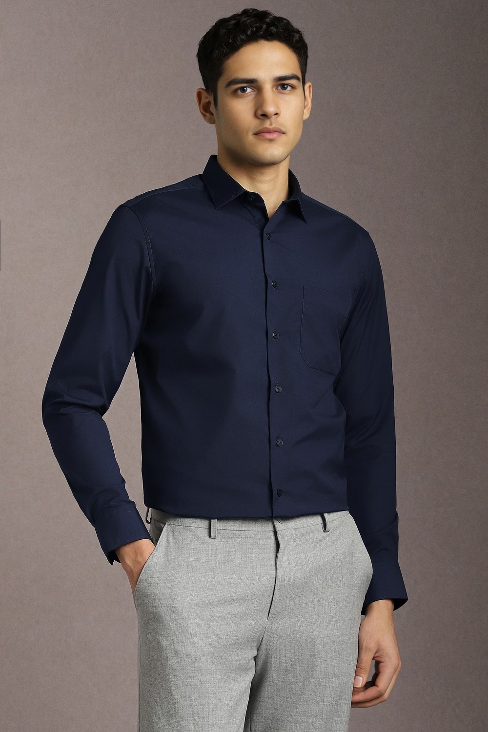 Men Navy Solid Full Sleeves Formal Shirt-Navy