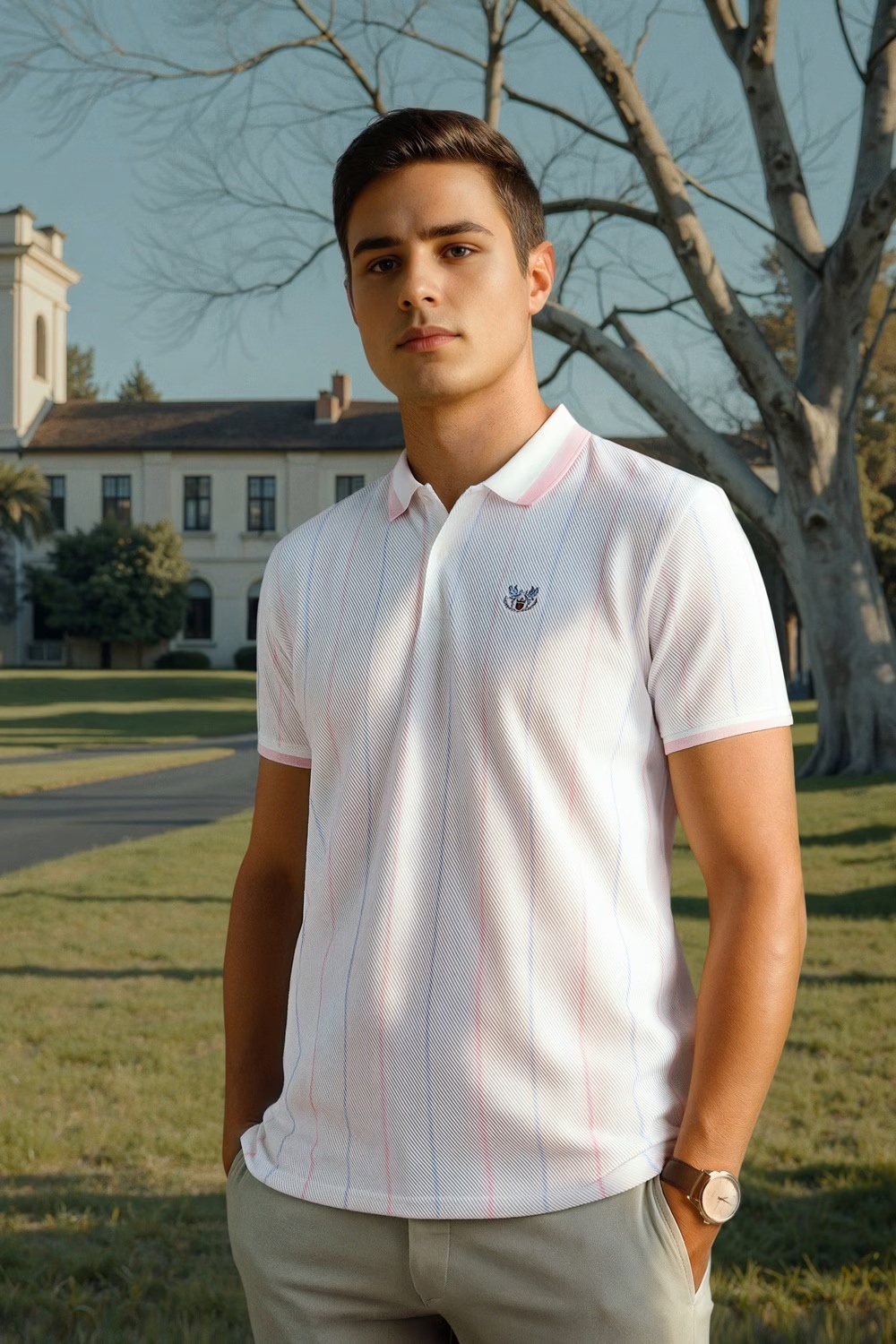 Men White Stripe Polo Neck T-shirt-White