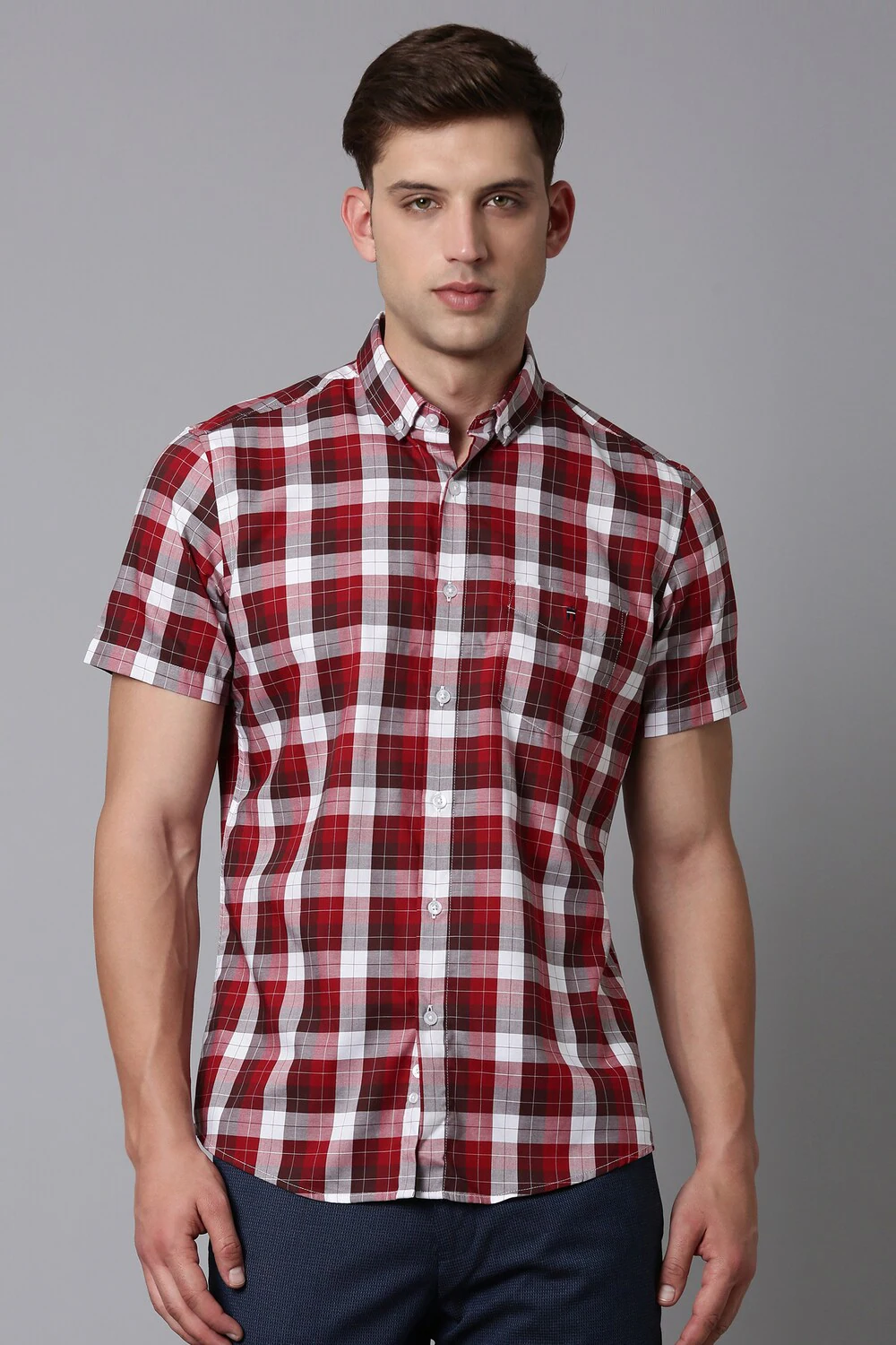 Men Red Slim Fit Check Half Sleeves Casual Shirt-Red