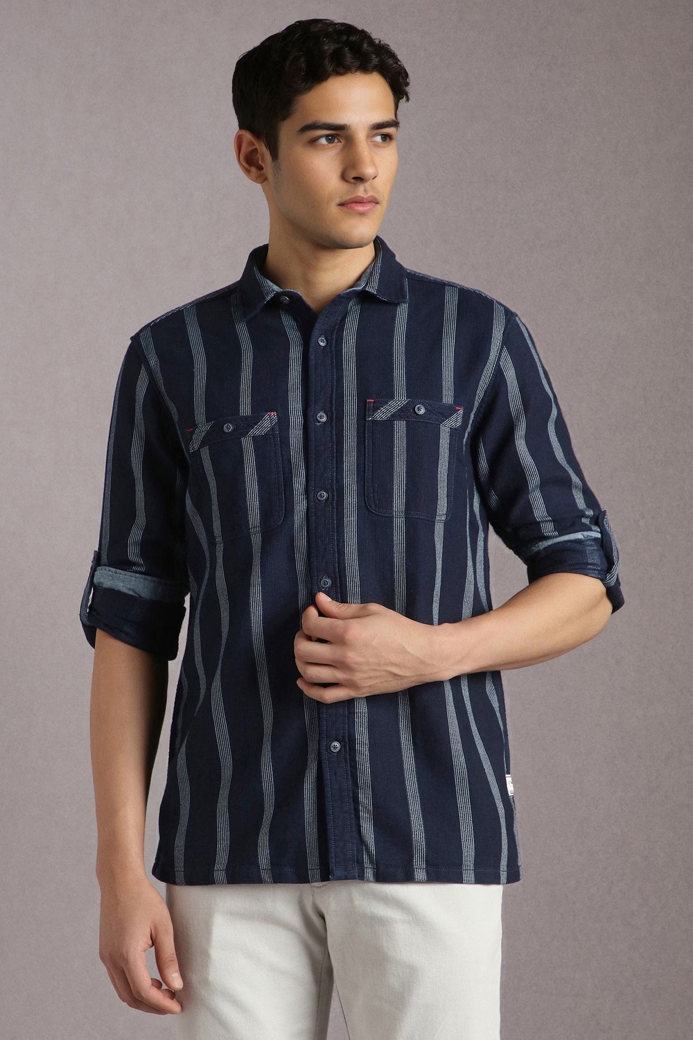 Men Navy Stripe Full Sleeves Casual Shirt-Navy