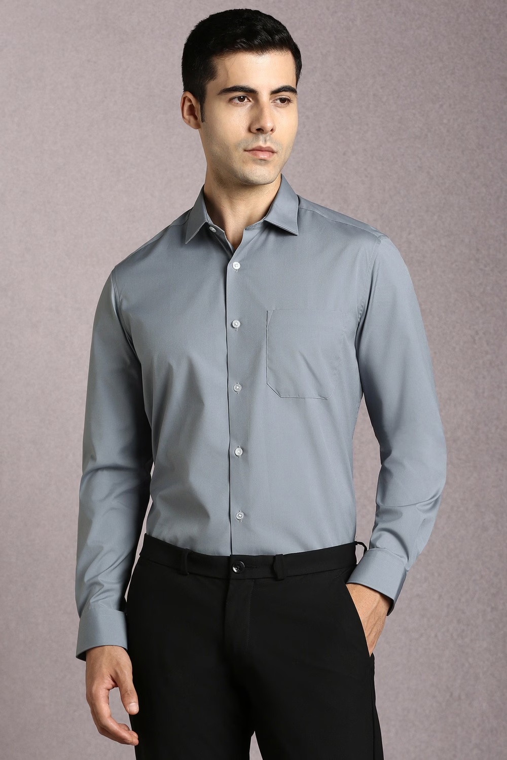 Men Grey Solid Full Sleeves Formal Shirt-Grey