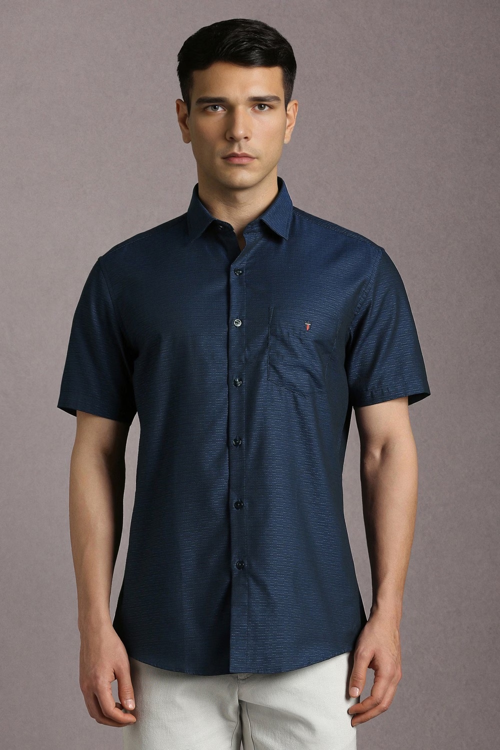 Men Navy Textured Half Sleeves Casual Shirt-Navy