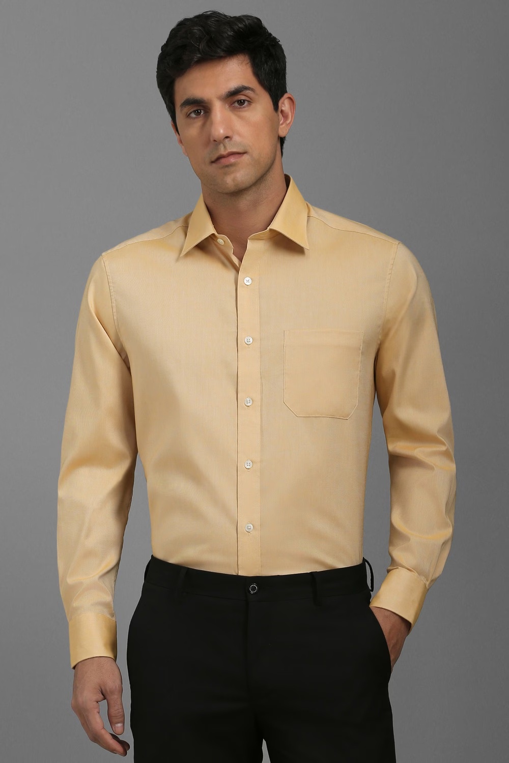 Men Beige Classic Fit Solid Full Sleeves Formal Shirt-Beige