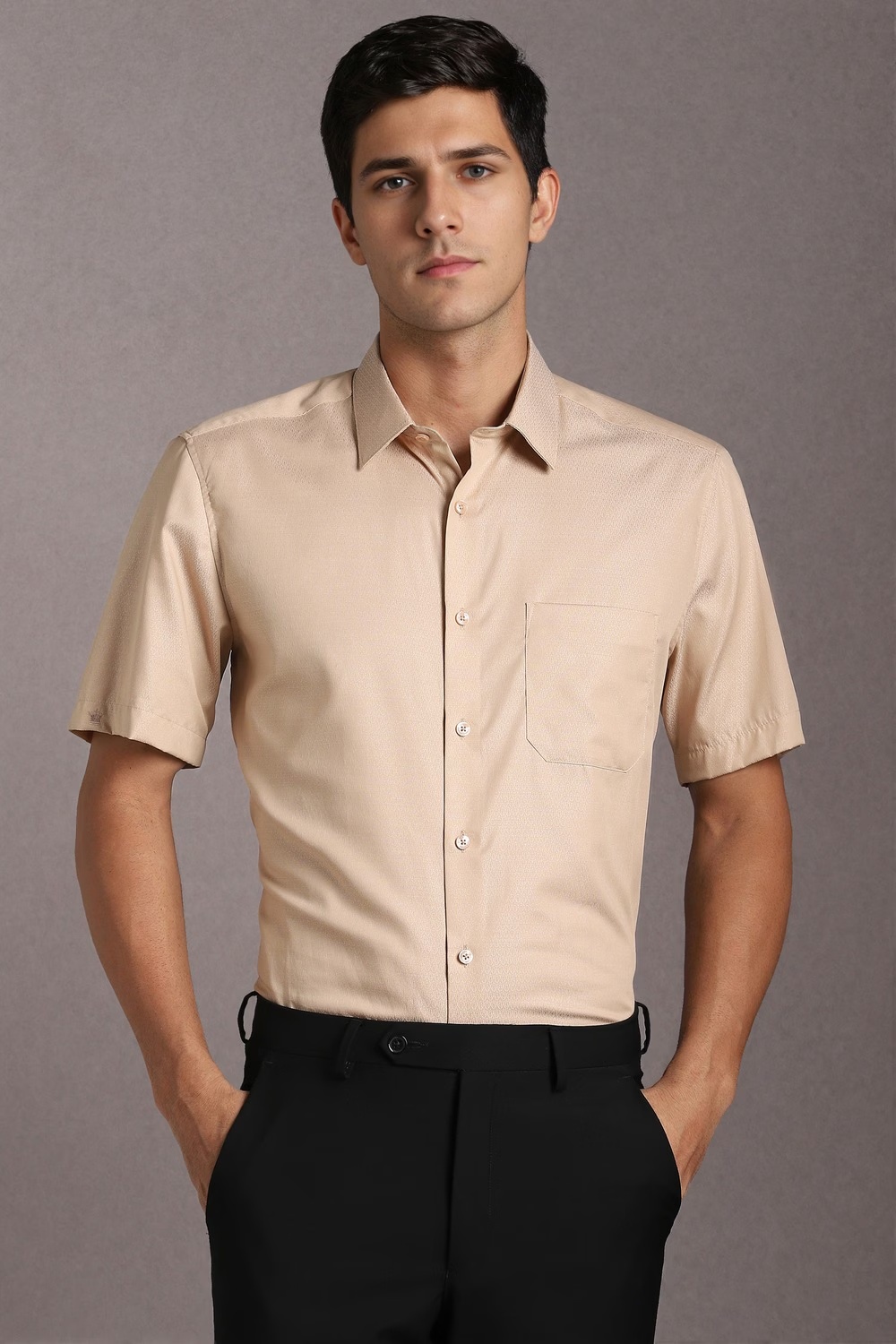 Men Beige Textured Half Sleeves Formal Shirt-Beige