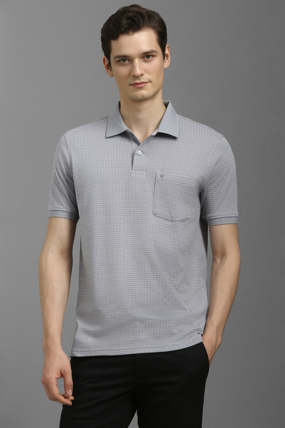 Men Grey Print Polo Neck T-shirt-Grey
