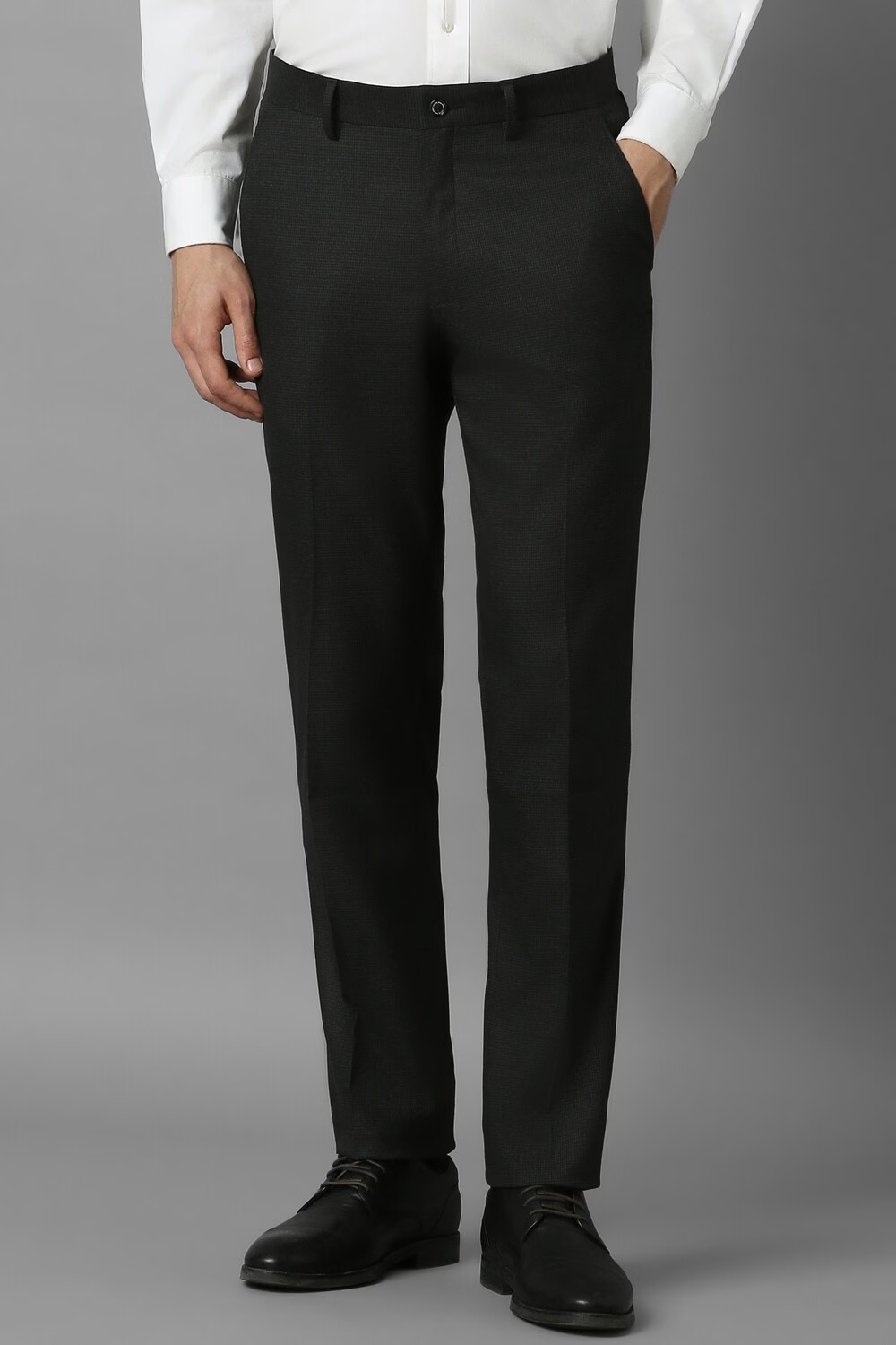 Men Black Slim Fit Check Flat Front Formal Trousers-Black