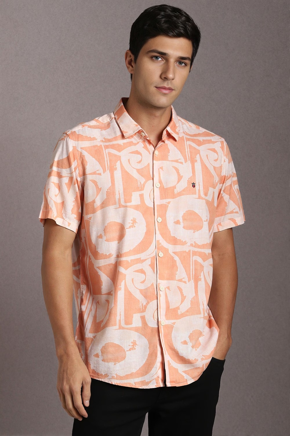 Men Peach Print Half Sleeves Casual Shirt-Peach