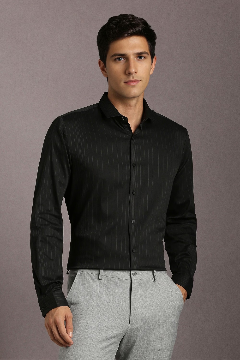 Men Black Stripe Full Sleeves Casual Shirt-Black