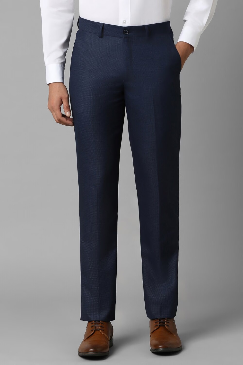 Men Navy Slim Fit Textured Flat Front Formal Trousers-Navy