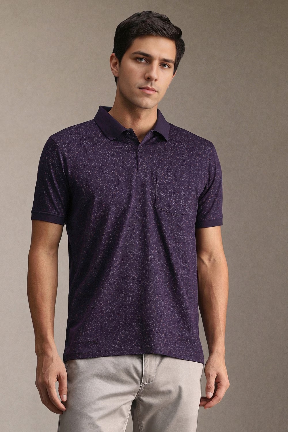 Men Purple Print Polo Neck T-shirt-Purple