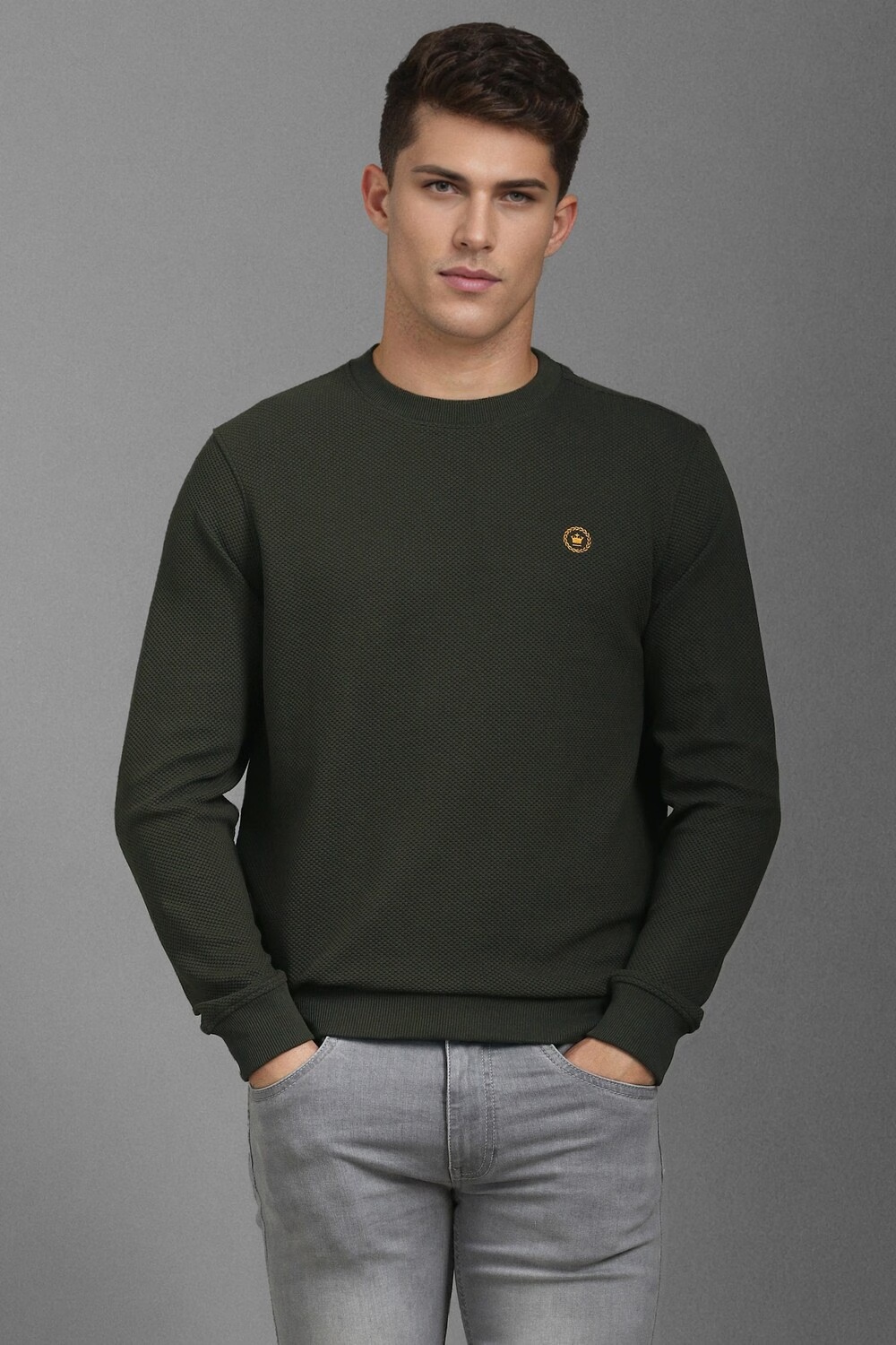Men Casual Green Textured Sweatshirt-Green