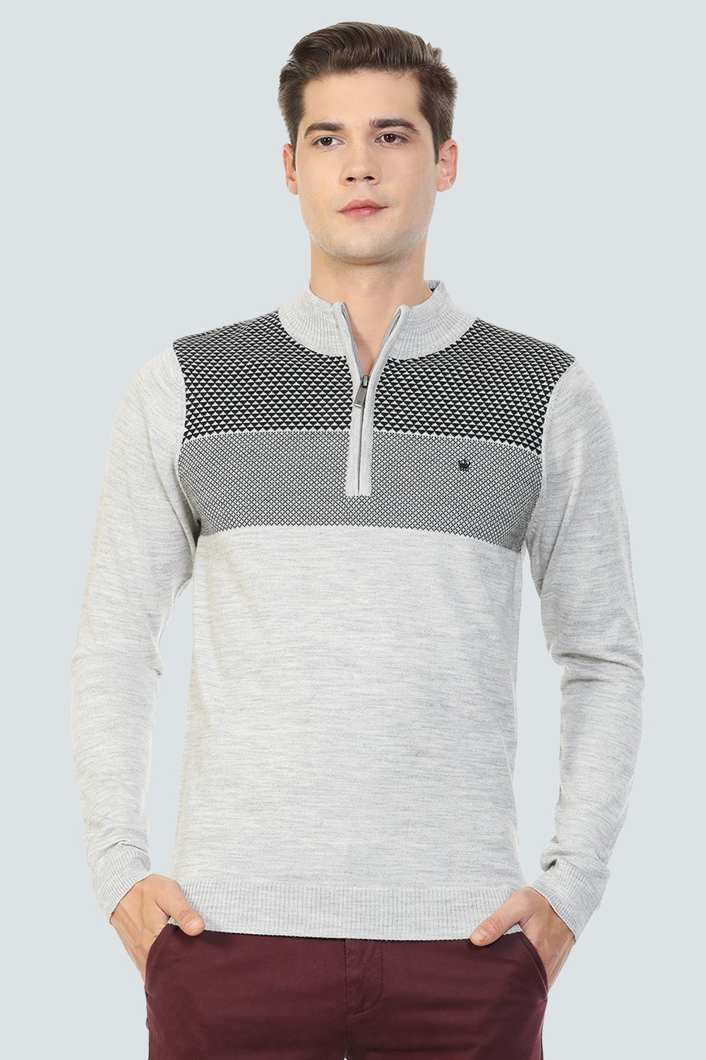 Men Grey Print Stylized Neck Sleeveless Sweater-Grey