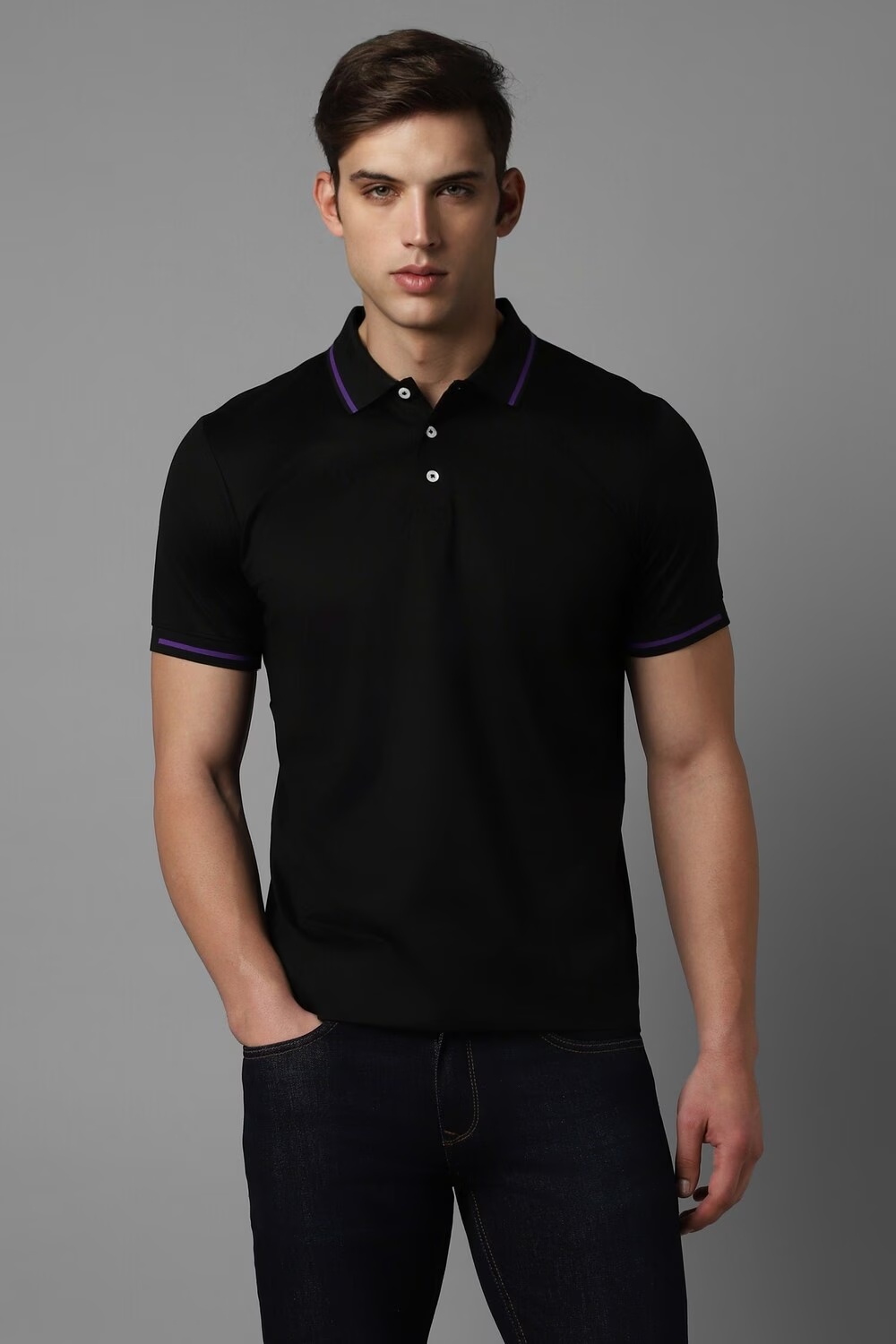 Men Black Solid Polo Neck T-shirt-Black