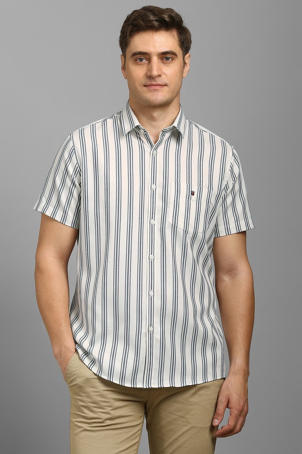 Men Beige Stripe Half Sleeves Casual Shirt-Beige