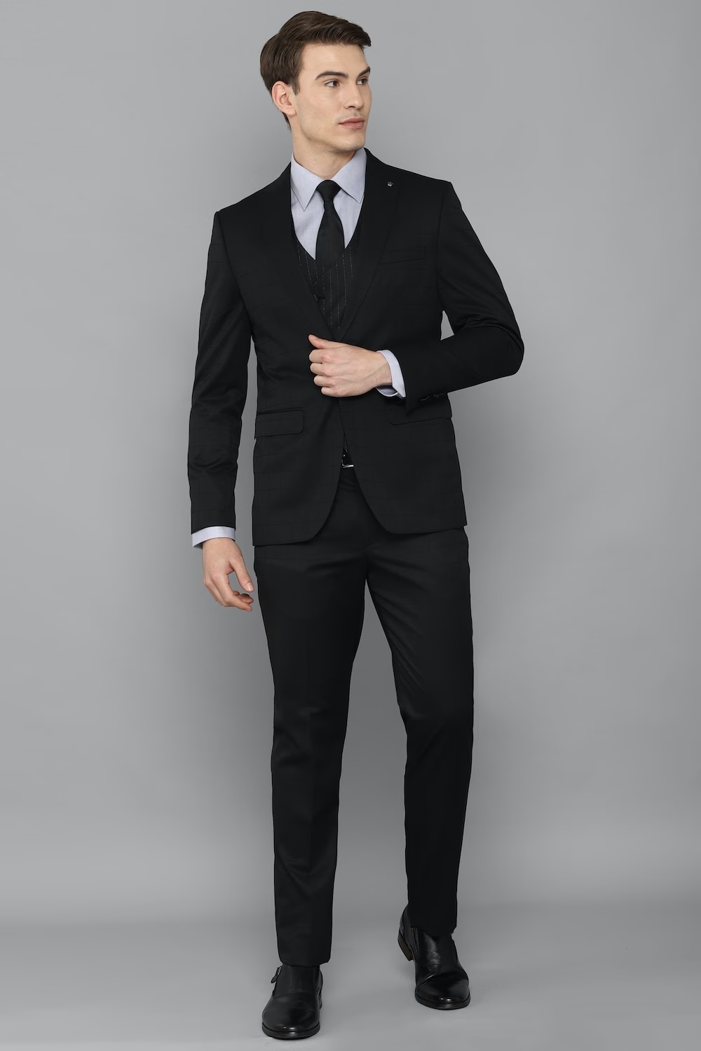 Men Black Slim Fit Check Formal Three Piece Suit-Black