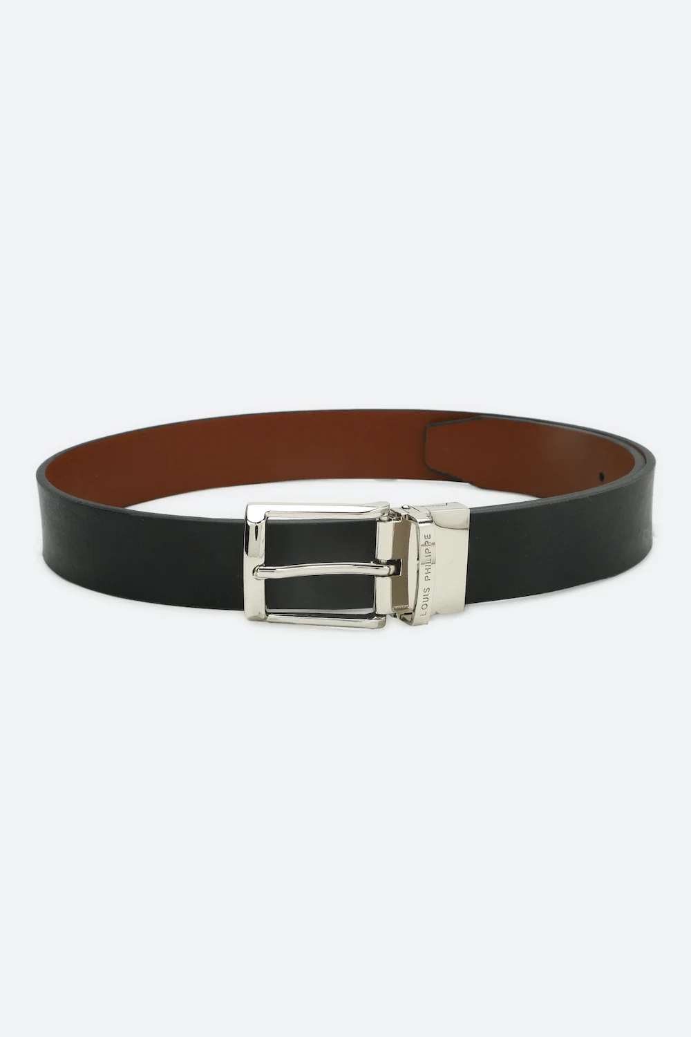 Louis Philippe Men Black & Brown Solid Reversible Formal Italian Leather with Shiny Nickel Buckle Belt-Black