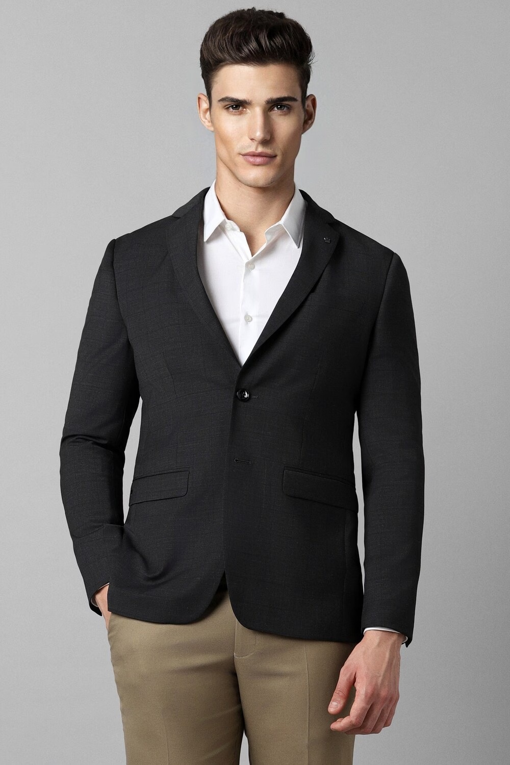 Men Black Slim Fit Check Formal Blazer-Black