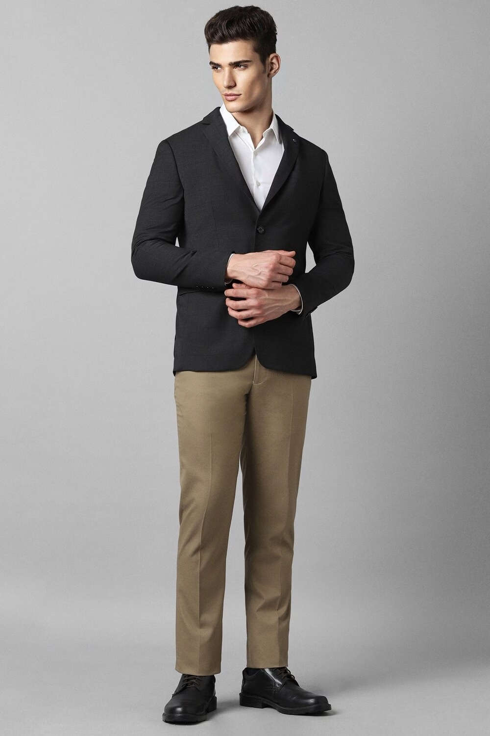 Men Black Slim Fit Check Formal Blazer-Black