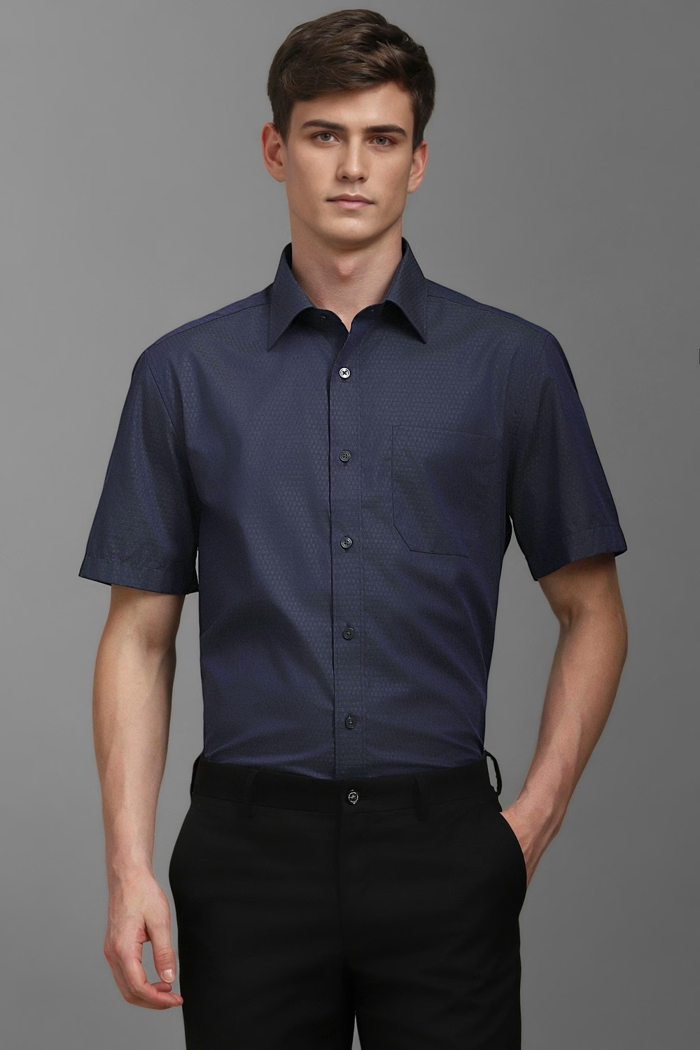 Men Navy Classic Fit Textured Half Sleeves Formal Shirt-Navy