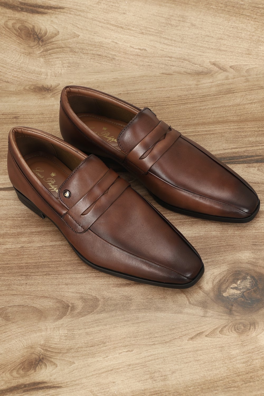 Men Brown Leather Slip Ons-Brown