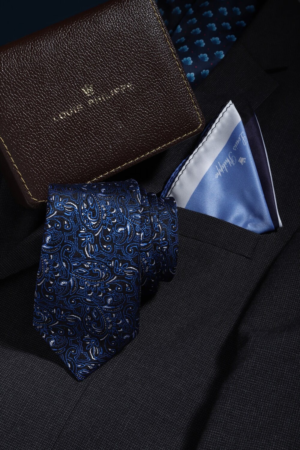 Men Navy Print Tie and Pocket Square-Navy